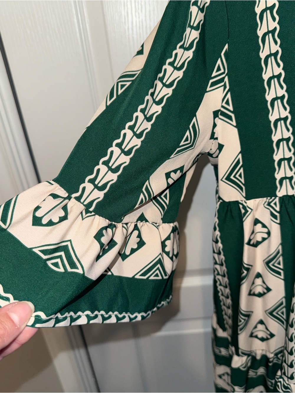 Geometric Green & Cream Tiered V-Neck Dress - Picture 2 of 7